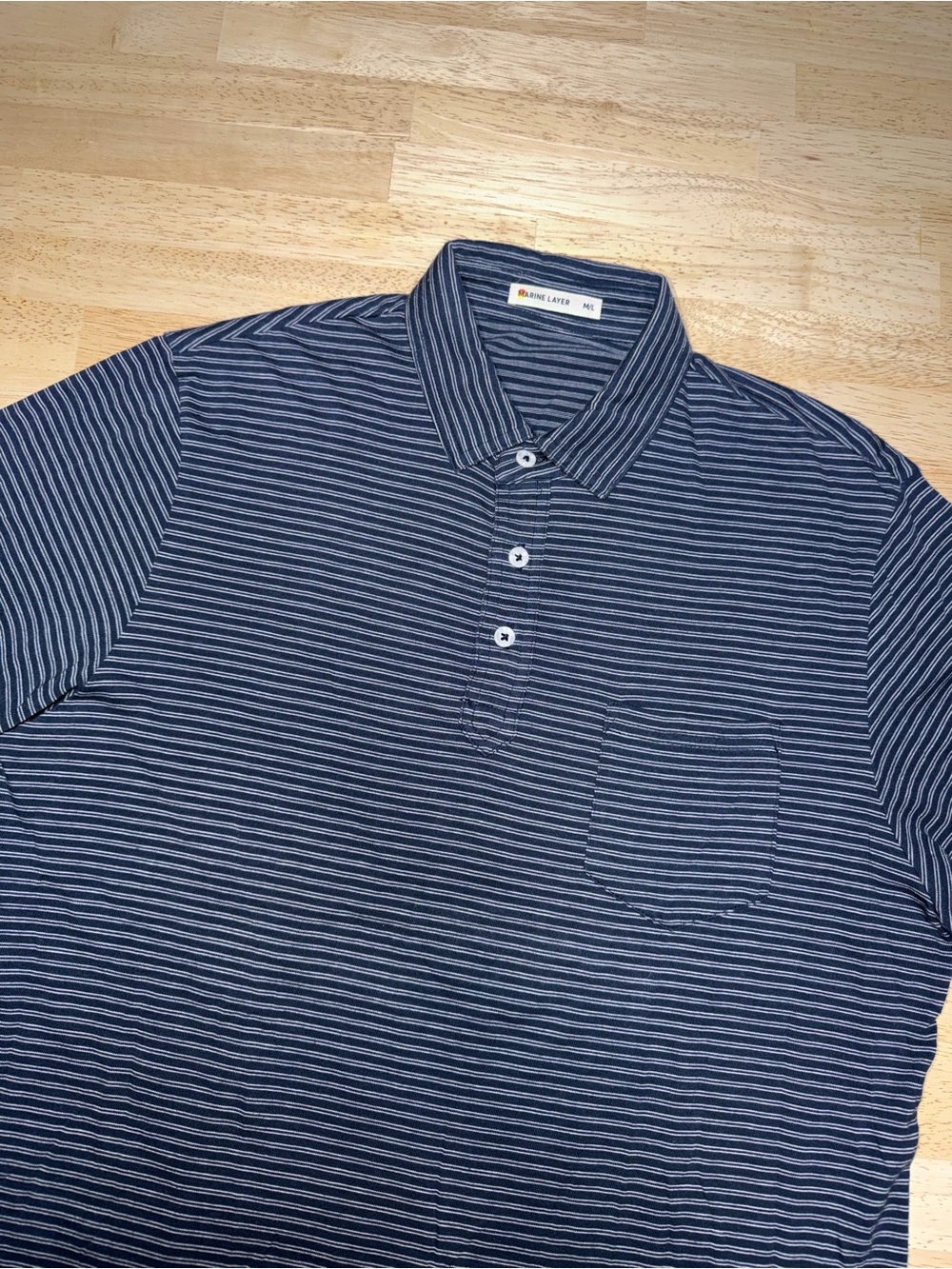 Marine Layer Polo Shirt Mens M/L Blue Striped Short Sleeve Pocket Preppy